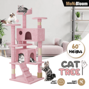 MoNiBloom Cat Tree, 60 Inch Cat Tree Tower with 2 Condo, Tall Cat Tower with Scratching Post, Cat Climbing Tower, Cat Tree for Indoor Cats, Soft Pink