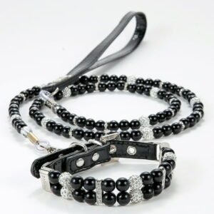 Mictong pet collar and leash set, durable and attractive plastic collar and leash set, artificial pearl collar and leash set, practical collar and leash set, 1 piece, M size, black style A