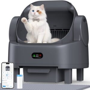 Self-Cleaning Litter Box for Multiple Cats – Automatic Open-Top Cat Litter Box with App Control & Smart Safety Sensors – Includes Litter Liner Bags & Waterproof Litter Mat – Gray