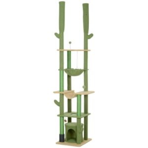 89″-100″ Floor to Ceiling Cat Tree, Cat Climbing Tower with Grooming Brush Post, Cat Condo, Hammock, Green