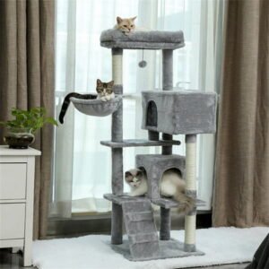 Pefilos 56″ Cute Plush Cat Tree Climb Cat Tower with Sisal Rope Scratching Post, Gray