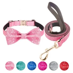 Jumpress Bling Bow Tie Dog Collar and Leash set, Cute Girl Dog Collar with 5ft Leash for Small Dogs (Pink, XS)