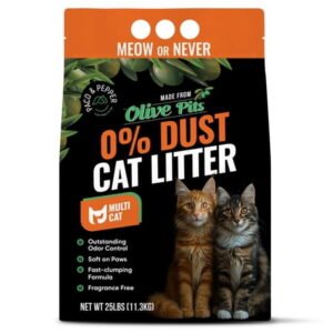 Made from Olive Pits 0% Dust Natural Unscented Clumping Multicat Formula Cat Litter, 25-lb bag
