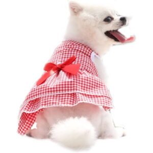 Dog Princess Dress Girl Bowtie Skirt Summer Puppy Plaid Cool Breathable Apparel Party Outfit for Small Dog Cat (XS, Red)