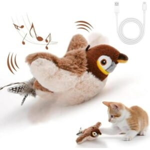 Rechargeable Flapping Bird Cat Toy – USB & Motion‑Activated Chirping Sparrow, Interactive Flying Chirping for Bored Indoor Cats, Cat Toy with Three-Mode Wing Flap (Sparrow)