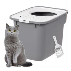 IRIS USA Square Top Entry Cat Litter Box with Scoop, Gray/White