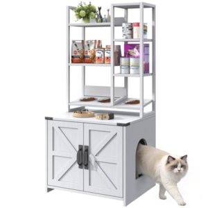 ModFurne Cat Litter Box Enclosure with Feeding Station, Tall Cat Litter Box Furniture Hidden with 4-Tier Storage Shelves, White