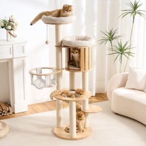 Wood Modern Cat Tree, 61.5″ Cat Tower with Sisal Scratching Posts, Cat Condo, Capsule,Hamnock and Spinner Toy, Solid Wooden Aesthetic Multi-Level Cat Climbing Tree for Adult Indoor Cats-White