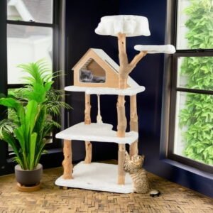 Pefilos 60″ Solid Wood Cat Tree Tower for Indoor, Modern Cat Condo with Scratching Post, Cat Climbing Tree House Furniture, White