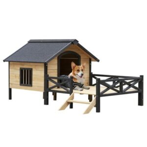 SYTHERS Wooden Dog House with Porch, Outside Dog House with Ladders, Fencing, Window, for Small and Medium Dogs, 43.6″ L x 66.9″ W x 32.7″ H