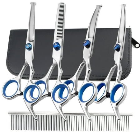 7 in 1 Dog Grooming Scissors Kit Curved Dog Scissors with Safety Round Tip 4CR Coated Professional Stainless Steel Heavy Duty Pet Shears for Dogs Cats