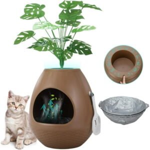 Jaxpety Smart Plant Litter Box,Cat Hidden Litter Box with Deodorization System, Exhaust Fan,Light, Scoop, Artificial Plants for Apartments and Offices Living Room Bedroom,Brown