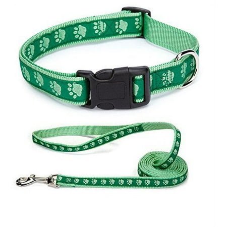 Two Tone Pawprint Matching Dog Collar & Leash Sets Stylish Paw Print Reinforced(Large Green Combo – Collar & Lead)