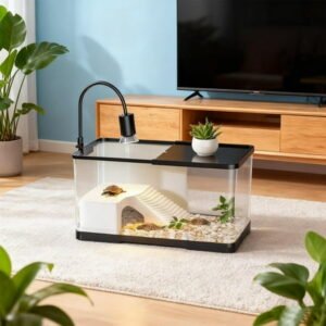 Escape-Proof Easy-Clean Turtle Tank Kit with LED Basking Heat Lamp – Aquatic Terrestrial Habitat for Small Reptiles & Tortoises, Perfect Year of the Horse & Pet Necessity, 11.8*7.9in