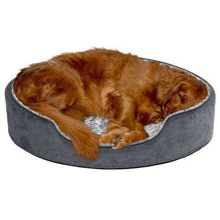 FurHaven Pet Products Two-Tone Fur & Suede Oval Pet Bed for Dogs & Cats – Extra Large, Gray