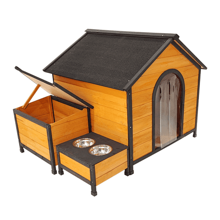 ZephyPaws 39″ Large Wooden Dog House with Feeding Bowls and Storage Box, Indoor & Outdoor, Spacious Weatherproof Shelter, Natural