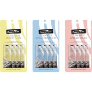 Fussie Cat Puree Lickable Cat Treats: 1 Tuna with Salmon, 1 Tuna with Ocean Fish & 1 Tuna with Shrimp (3 Four-Tube Packs, 12 Tubes Total, 0.5 Oz per Tube)