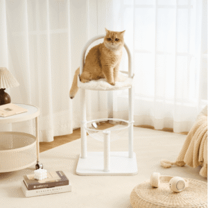 Modern Cat Tree, Wood Cat Tower with Steel Frame, Scratching Posts, Cat Capsule, Plush Mat, Bell Dangling Toy, Aesthetic Minimalist Heavy-Duty Cat Climbing Tree for Large Indoor Adult Cats-White