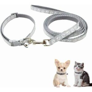 Dog Collar with Bell Leash Set, Nylon Paw Print Cat Collar and Leash Adjustable Buckle for Xs XSmall Small Puppy Dogs Girl Kitten