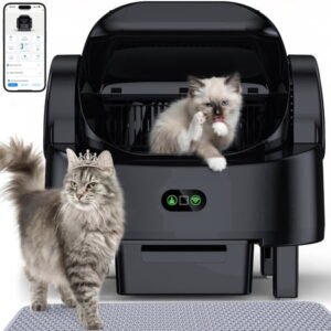 Self-Cleaning Litter Box for Multiple Cats – Automatic Open-Top Cat Litter Box with App Control & Smart Safety Sensors – Includes Litter Liner Bags & Waterproof Litter Mat – Black