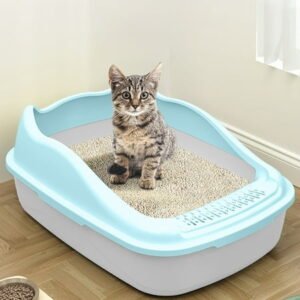14.53×11.54×6.3 Inch Semi-Enclosed Litter Box Deodorant Tray Pet Supplies with Scoop (Light Blue)