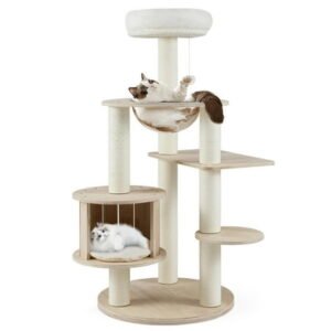 Barara King 52 Inch Tall Wooden Cat Tower, Cat Tree with Washable Plush Cushions and Multi-Level Climbing Stand, Modern Cat Tower Tree for Indoor Cats, Natural