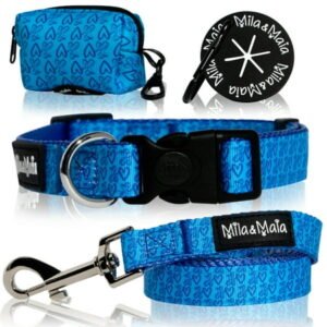 Mila & Maia Dog Collar and Leash Sets, Collar and Leash for Medium Dogs, Vivid Blue, Includes a Poop Bag Dispenser and Holder, M
