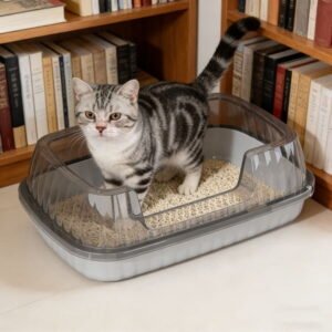 Large Litter Tray for Cats, Cat Litter Box with Litter Scoop, Anti-Urine Leakage Box with High Sides, Easy Clean, Non-Sticky (1PC, Gray)