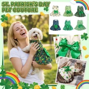 St. Patrick’s Day Dog Clothes Dress, Green Shamrock and Horseshoe Print with Satin Bow, Pet Outfit for Dogs and Cats, Festive Holiday Apparel Dark Green L
