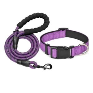 Reflective Dog Collar And Leash Set 5FT Traction Rope Nylon Pet Collar with Soft Neoprene Padding for Small Medium Large Dogs -S,Purple
