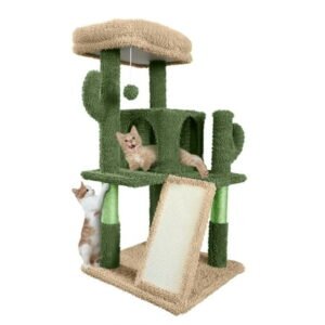 CAPHAUS Cactus Cat Tower for Indoor Cats, Cute 37-Inch Small Cactus Cat Tree w/ Widened Perch for Large Cats & Kittens, Multi-Level Cat Activity Tree w/ Scratching Posts & Ramp, 2-Door Cat Cave Condo
