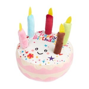 Leodye 1PCS Squeaky Toy Birthday Cake Plush Pet Play Birthday Gift Plush Toy for Birthday Celebration -6.69×6.3×6.3in