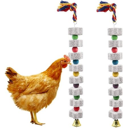 2 Pack Chicken Chewing Toy, Chick Beak Grinding Calcium Stone with Bells, Bird Cage Accessories