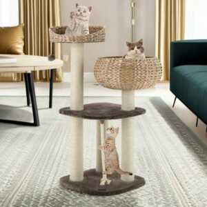 Pefilos 41″ Rattan Cat Tree Indoor Climbing Activity Tower with Scratching Posts, Napping Perch, Brown