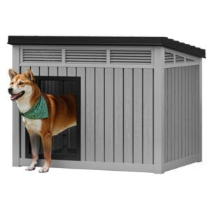 SSyao Plastic Dog House Outdoor Indoor Dog Kennel with Liftable Roof & Good Black/Gray-Gray