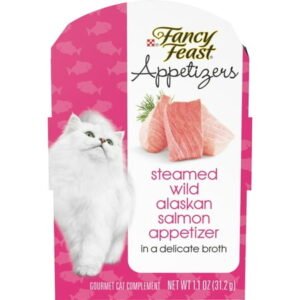 (10 Pack) Fancy Feast Wet Cat Food, Appetizers Steamed Wild Alaskan Salmon in Broth, 1.1 oz, Tray