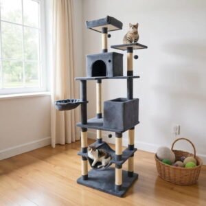 Choco Moon 80″ Tall Cat Tree w/2 Large Condos & Dangling Toys, Cat Climbing Tower, Corner Cat Tree, Cat Condos for Indoor Cats-Dark Gray