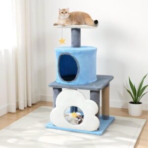 Choco Moon 31.5″ Cute Modern Cat Tree Multi-Level Kitten Tower, Cat Climbing Tower, Corner Cat Tree, Cat Condos for Indoor Cats-Blue