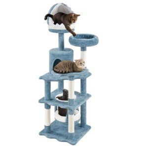 Cat Tree Ocean-Themed Cat Tower 61in, Multi-Level Cat Climbing Tree with Condo, Sisal Scratching Posts, Round Entrance, Perches, Hammock, Blue