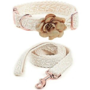 UOSIA Dog Collar And Leash Set Adjustable Handmade Embroidered Lace Dog Collar With Flowers And Metal Clasp Leash For Pet Wedding Birthday Collar