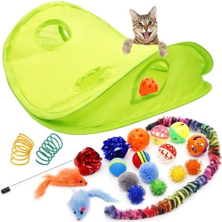 Youngever 18 Cat Toys Kitten Toys Assortments, Cat Teaser Wand, Interactive Bell Toy, Sparkle Balls for Cat, Puppy, Kitty, Kitten (with Hide Seek Toy)