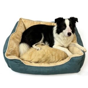 AFGFUF Teal & Beige Bolster Dog Bed for Medium to Large Dogs, Plush Pet Bed with Machine Washable Cover