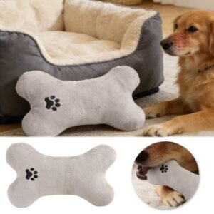 Bone Shaped Dog Pillow Toy Soft Plush Chew Cat Toy with Paw Print Embroidery Comfortable Stuffed Pet Toy for Small to Medium Puppy & Kitten Cozy Calming Pillow for Anxiety Relief(Gray)