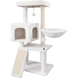 Cat Tree with Cat Condo and Hammock, Cat Tree with Scratching Posts and Scratching Pads, Cat Tower for Indoor Cats, Activity Centre Climbing Tree with Playful Toy Balls, Beige