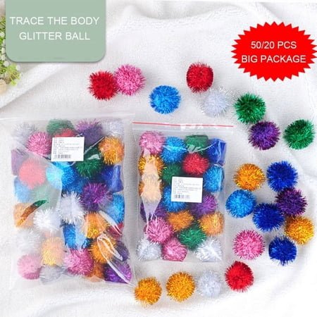 20/50 PCS Sparkle Ball Cat Toy Ball Interactive Glitter Pom Pom Cat Toy Balls for Kittens, Holiday Party Christmas Decorations-1.38″ with Glitter Tinsel