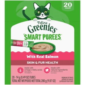 Greenies Feline Smart Purees Salmon Skin & Fur Health Lickable Cat Treats 0.49 Oz Tubes (20 Count)