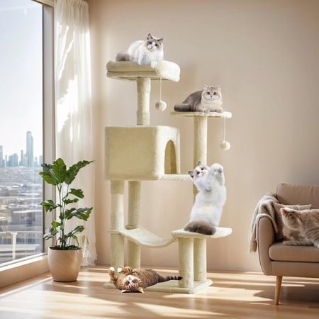 44 Inch Cat Tree Tower, Cat Climbing Tower with Natural Sisal Scratching Posts, Hammock, Pet Condo for Indoor Cats and Kittens Play, Beige