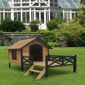Large Dog House with PorchWeatherproof Wooden Elevated Dog Shelter, Suitable for Indoor and Outdoor for Small to Medium Size Dog