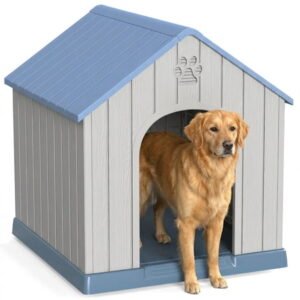 fazzn Durable Waterproof Resin Dog House for Small to Large Sized Dogs, Indoor Outdoor Doghouse Puppy Shelter with Elevated Floor, Easy to Assemble .Blue/Brown