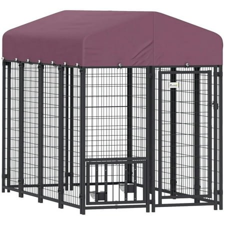 GVN Dog House, Dog Shelter,Outdoor Dog Kennel with 360° Rotating & 4 Levels Adjustable Bowls, Waterproof Cover